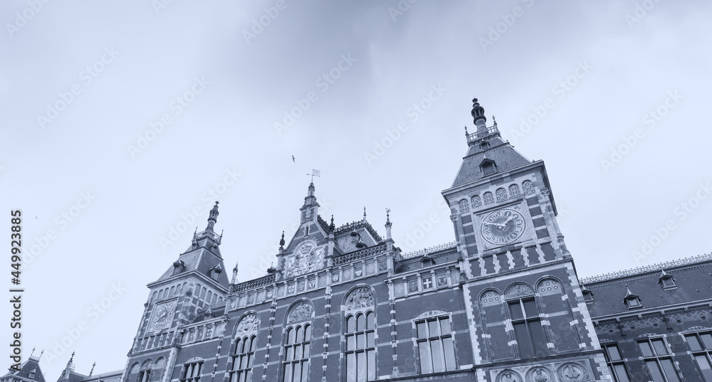 Black and white view of Amsterdam classic buildings
