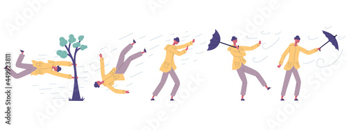 Human fight against hurricane wind power disaster. Man hit in extreme natural disaster strong wind, hurricane, shower rain vector illustration set. Male character hit storm