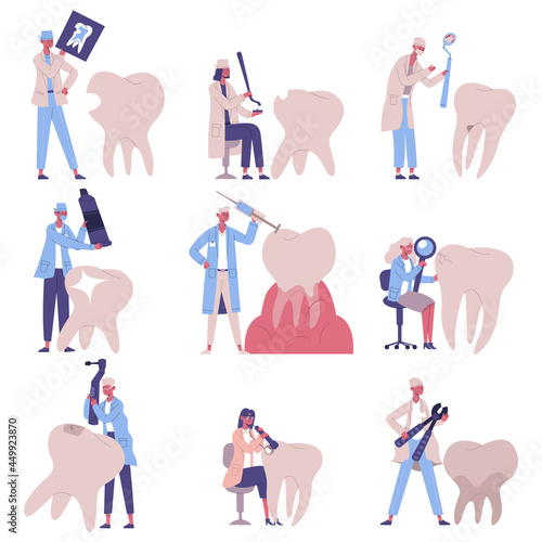 Stomatology orthodontics dental teeth care dentist characters. Dentist appointment, dental clinic patients vector illustration set. Dental care treatment