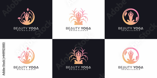 Set of beauty yoga logo design with women meditation concept in nature and business card Premium Vector