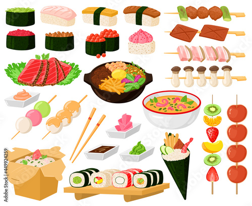 Cartoon oriental asian cuisine street food delicious dishes. Japanese food, noodles, sashimi, seafood sushi rolls vector illustration set. Delicious chinese or japanese food