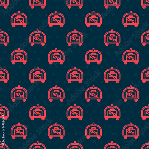 Red line Hotel luggage cart with suitcase icon isolated seamless pattern on black background. Traveling baggage sign. Travel luggage icon. Vector