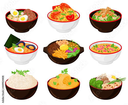 Asian traditional cuisine noodles, wok, soup bowls. Japanese soba, udon, ramen noodle soup bowls with chopsticks vector illustration set. Traditional korean, japanese cuisine