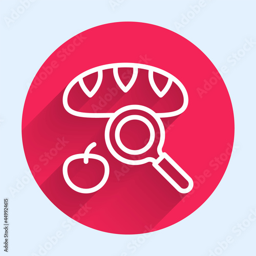 White line Searching for food icon isolated with long shadow background. Homelessness and poverty concept. Red circle button. Vector