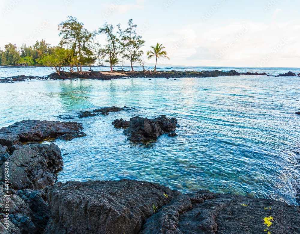 Small Island and Lava Rock Shoreline, Carlsmith Beach Park, Hilo, Hawaii Island, Hawaii, USA