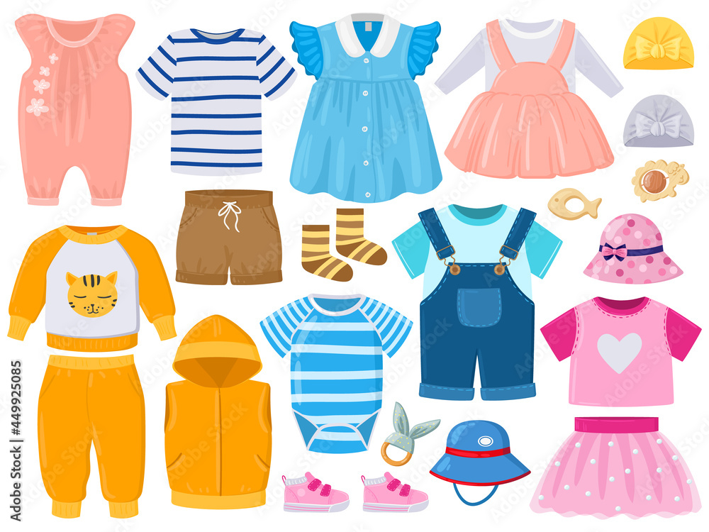 Cartoon baby kids girl and boy clothes, hats, shoes. Childrens fashion  clothes, romper, shorts, dress and shoes vector illustration set. Baby  cartoon outfits Stock Vector | Adobe Stock