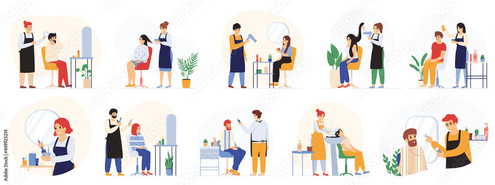 Fototapeta premium Barbers, hair stylists, hairdressers beauty salon, barbershop service. Customers visiting hairdressing salon vector illustration set. Hair salon workers and clients