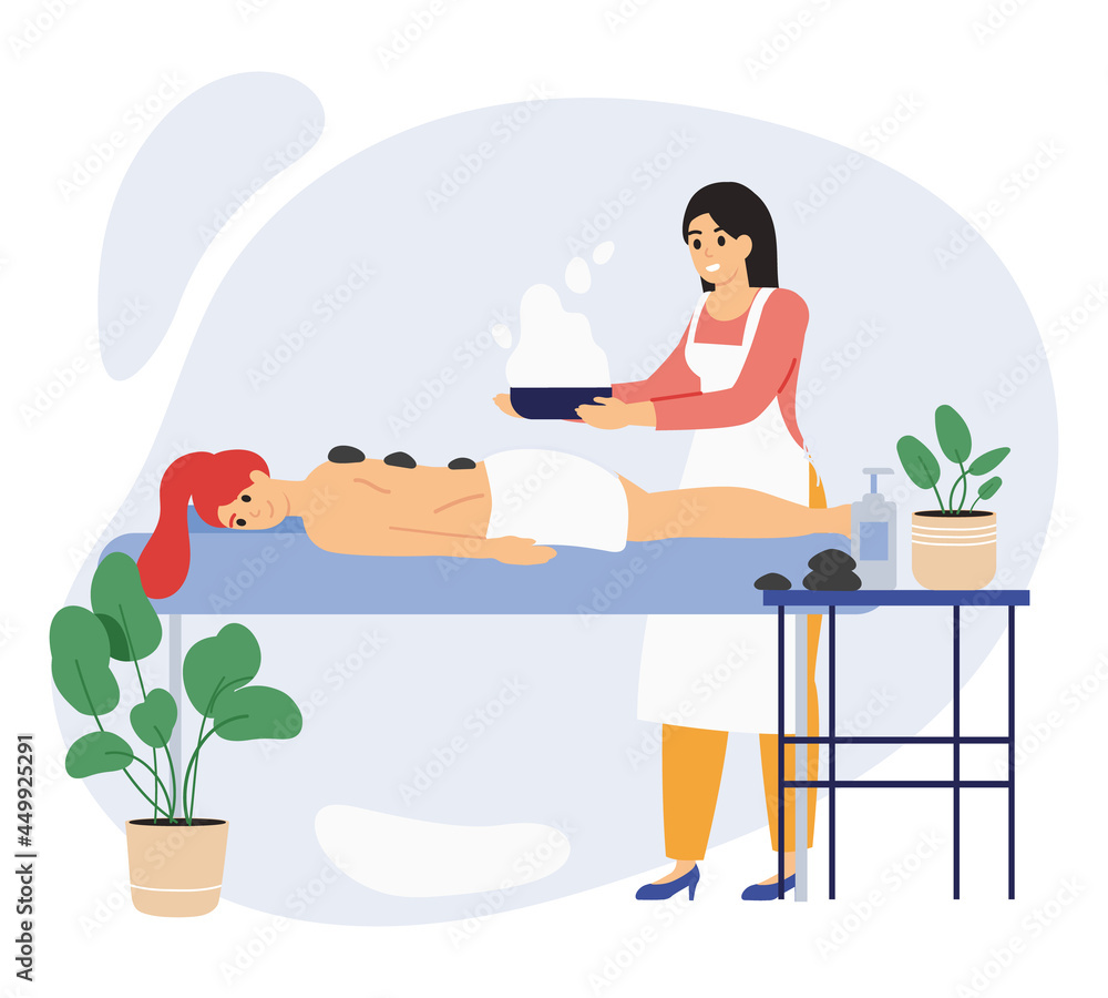 Obraz premium Spa wellness beauty center relaxing female client. Beauty salon procedures, relaxing wellness massage or body wraps vector illustration set. Beauty center concept
