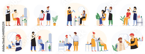 Barbers, hair stylists, hairdressers beauty salon, barbershop service. Customers visiting hairdressing salon vector illustration set. Hair salon workers and clients