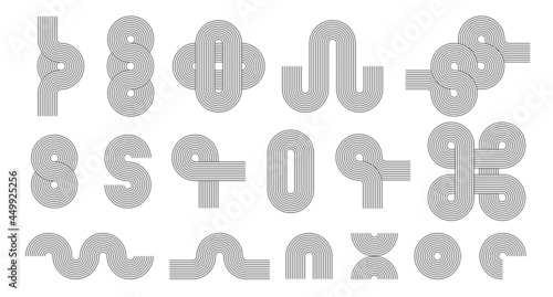 Set of line art design elements. Circle, arch, wave. Mid century, boho abstract compositions. Optical illusion shapes.