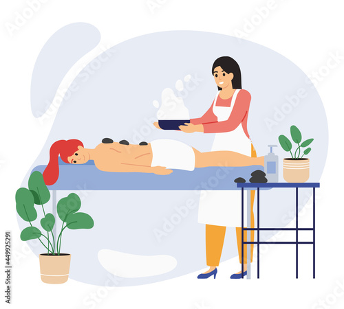 Spa wellness beauty center relaxing female client. Beauty salon procedures, relaxing wellness massage or body wraps vector illustration set. Beauty center concept