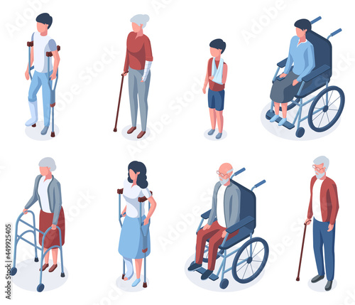 Isometric traumatised disabled elderly and young people. Humans on crutches or in wheelchair vector illustration set. Injury mixed age characters