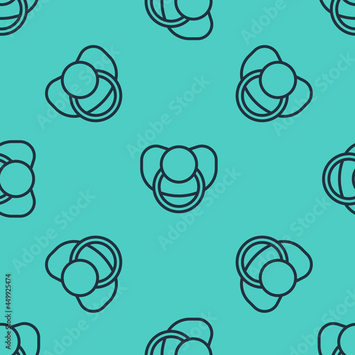 Black line Baby dummy pacifier icon isolated seamless pattern on green background. Toy of a child. Vector