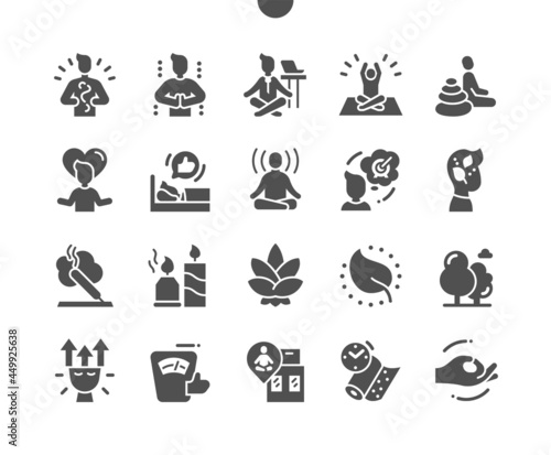 Meditation. Aromatherapy and harmony. Connecting with nature. Spiritual practices, relaxation and yoga. Vector Solid Icons. Simple Pictogram