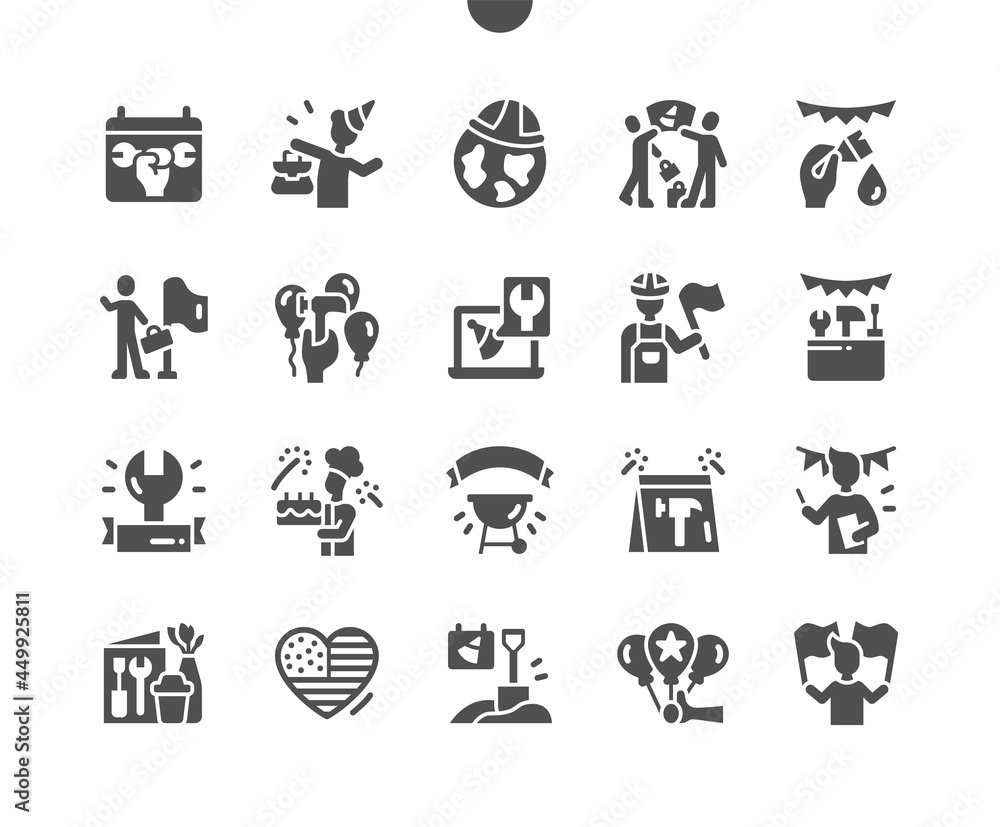 International Labor Day 1 May. Worker. Calendar. First of may. Holiday. People celebrate. Vector Solid Icons. Simple Pictogram International Labor Day 1 May. Worker. Calendar. First of may. Holiday. People celebrate. Vector Solid Icons. Simple Pictogram