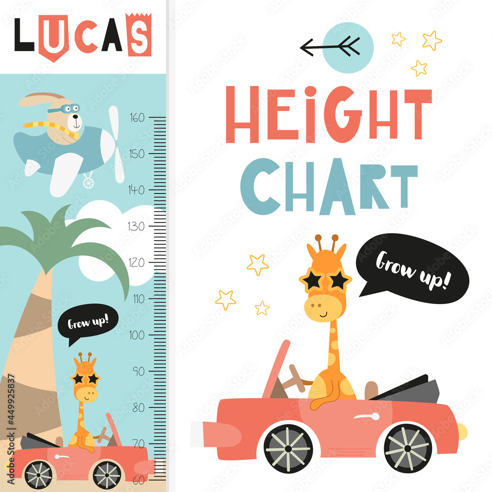 Kids height chart with cute jungle animals. Heights for school