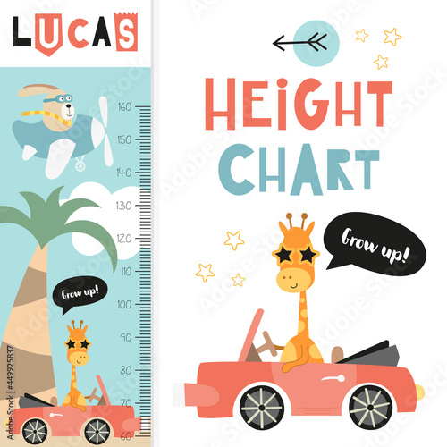 Kids height chart with cute jungle animals. Heights for school  kindergarten  nursery design. Vector illustration. Height scale with bunny  giraffe.