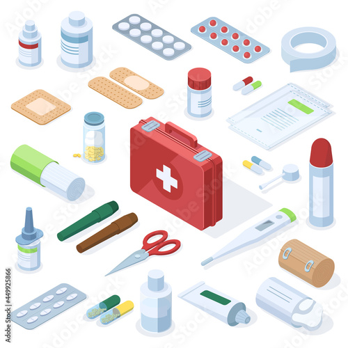 Isometric medical pharmacy first aid kit equipment. Medical equipment, pharmacy medication, pills, patch, spray, syringe vector illustration set. Urgency medicine treatment