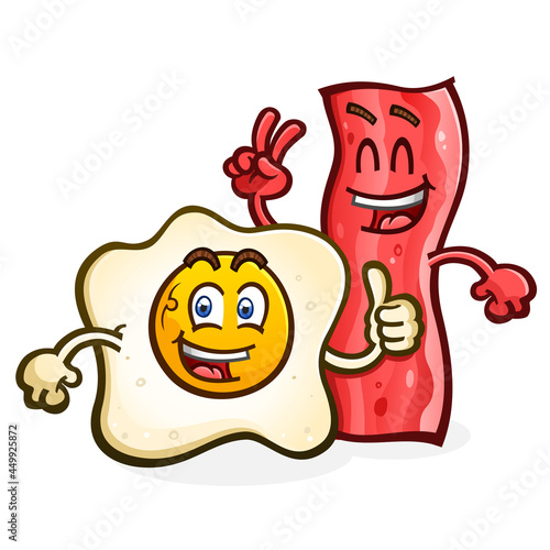A cheerful couple of fried egg and bacon, gleefully waving a peace sign and tossing an enthusiastic thumbs up