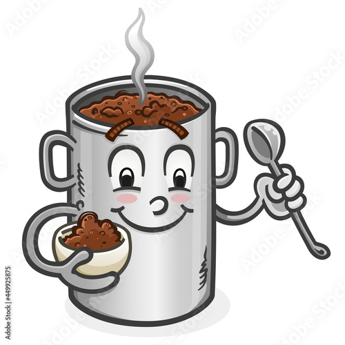 A big, hot pot of delicious chili cartoon character with a happy smile holding a heaping bowl of chili and eating it with a spoon