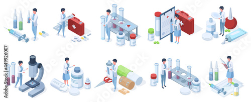 Isometric doctors work pharmacy industry, laboratory research. Healthcare, medical service, pharmacy research characters vector illustration set. Clinic medicine concept