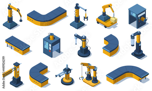 Isometric industry technologies robot arms and factory machines. Industrial automated robots, production conveyor lines vector illustration set. Factory automated machines photo