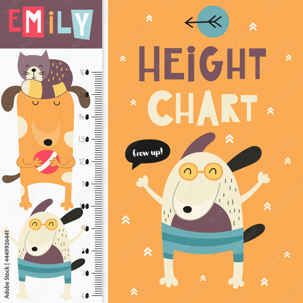 Kids measure chart with cute funny dogs. Heights for school, kindergarten, nursery design. Vector illustration. Woodland animals.