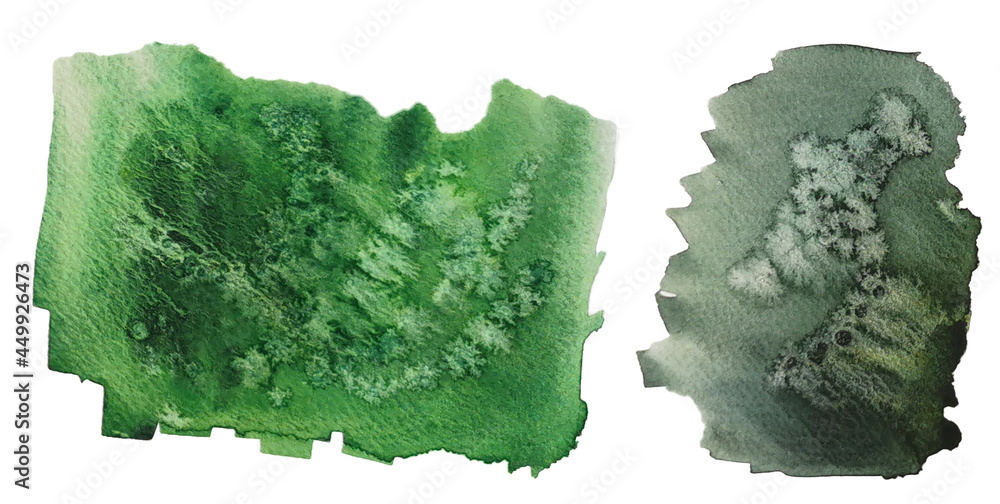 Hand painted watercolor elements of brush strokes isolated on white background. Green stains with gradient and salt effect. Artistic granulation and fluffy flows of paints in water