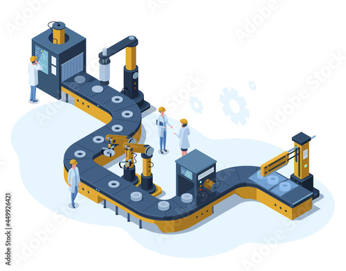 Isometric factory automated mechanised conveyor line. Industrial automated robotic conveyor, production 3d line vector illustration. Electronic factory assembly line