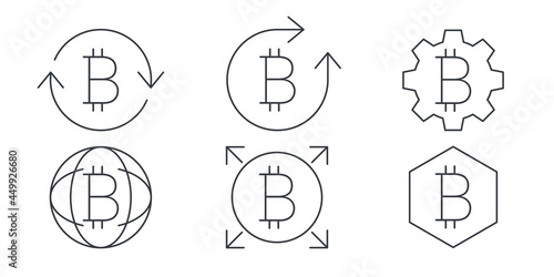 Bitcoin linear icons. Cryptocurrency sign variations. Digital cryptographic currency bitcoin. Vector illustration