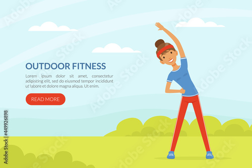 Landing Page with Young Woman Character with Headband and Sportswear Stretching Outdoor Vector Template