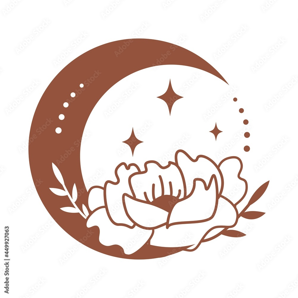 Magic boho crescent moon with flowers, leaf, star isolated on white background. Celestial vector flat illustration. Mystical design for tattoo, card, web stories Magic boho crescent moon with flowers, leaf, star isolated on white background. Celestial vector flat illustration. Mystical design for tattoo, card, web stories