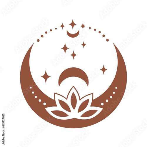 Magic boho crescent moon with lotus, circle, star isolated on white background. Celestial vector flat illustration. Mystical design for tattoo, card, web stories