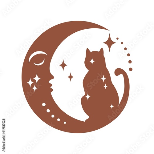 Magic boho face crescent moon with cat, star isolated on white background. Celestial vector flat illustration. Mystical design for tattoo, card, web stories