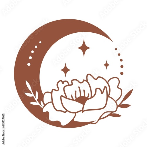 Magic boho crescent moon with flowers, leaf, star isolated on white background. Celestial vector flat illustration. Mystical design for tattoo, card, web stories