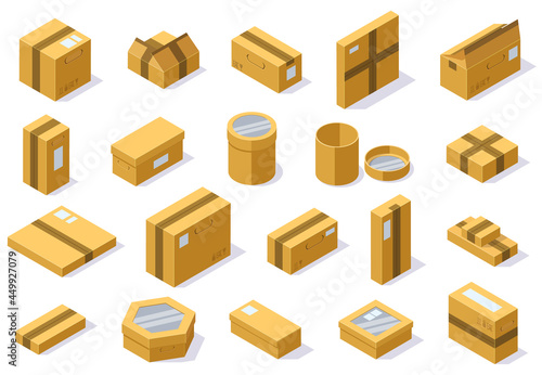 Isometric cardboard packaging shipping boxes. Postal delivery package, 3d carton boxes vector illustration set. Cardboard closed and open boxes
