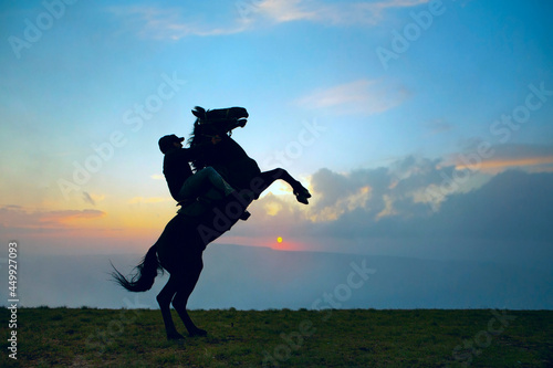 Silhouette of a rider rearing a horse against the backdrop of a sunset in the mountains. Setting sun. Cowboy in a mountain landscape. Blue sky.