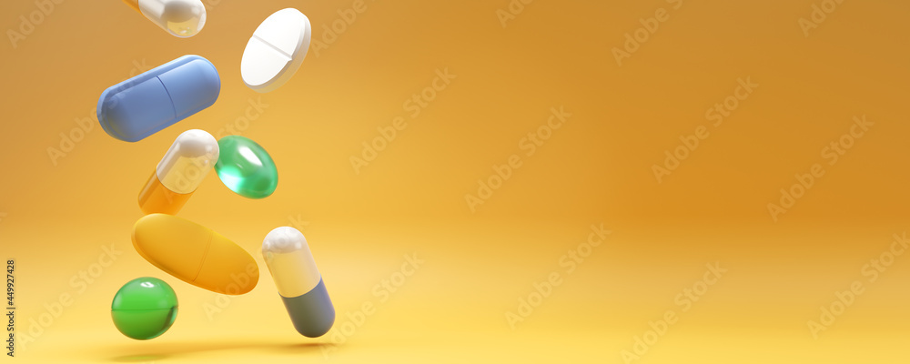 Medical balancing concept. Group of medicine pills or antibiotic pill capsules. 3d render illustration.