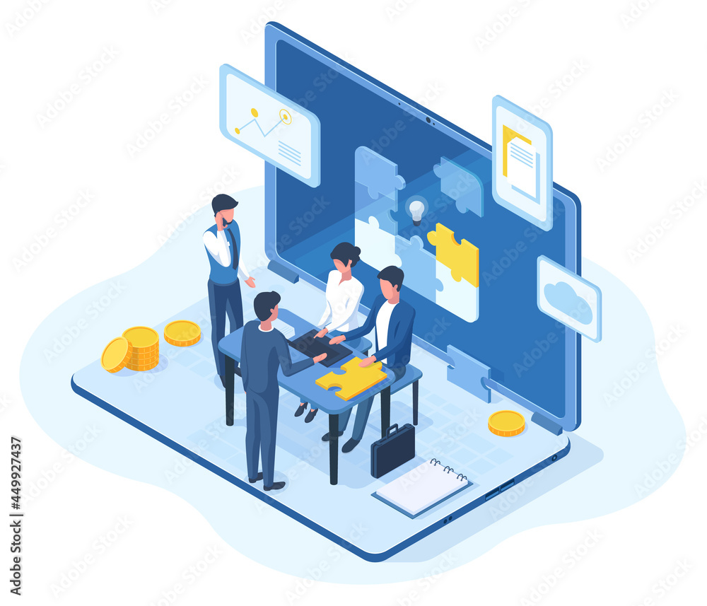 Isometric teamwork, brainstorming team meeting 3d concept. People creative business team brainstorming vector illustration. Office teamwork characters Isometric teamwork, brainstorming team meeting 3d concept. People creative business team brainstorming vector illustration. Office teamwork characters
