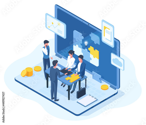 Isometric teamwork, brainstorming team meeting 3d concept. People creative business team brainstorming vector illustration. Office teamwork characters