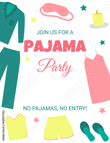 Pajama party invitation. Pajama party poster. Invitation for slumber party. Birthday celebration for children or adults in pyjamas.