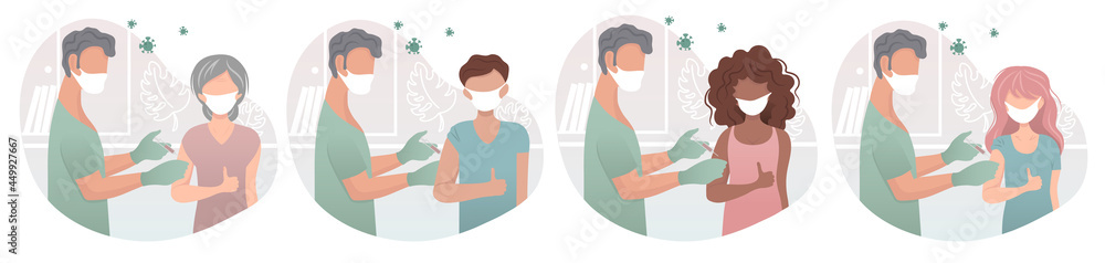 Male Nurse men vaccinating people. COVID-19 Vaccination concept. People of different age, races, male and female, international. Healthcare, coronavirus, prevention and immunize. Male Nurse men vaccinating people. COVID-19 Vaccination concept. People of different age, races, male and female, international. Healthcare, coronavirus, prevention and immunize.