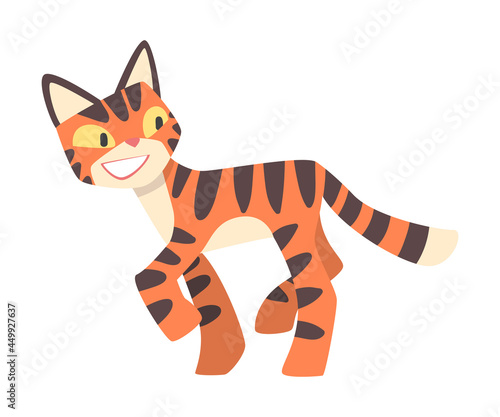 Tiger Character with Orange Fur and Black Stripes Walking and Smiling Vector Illustration