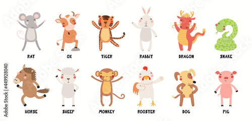Twelve animals of Chinese zodiac, cute cartoon Asian astrological signs collection, isolated on white. Hand drawn vector illustration. Flat style design. New Year card, banner, horoscope element.