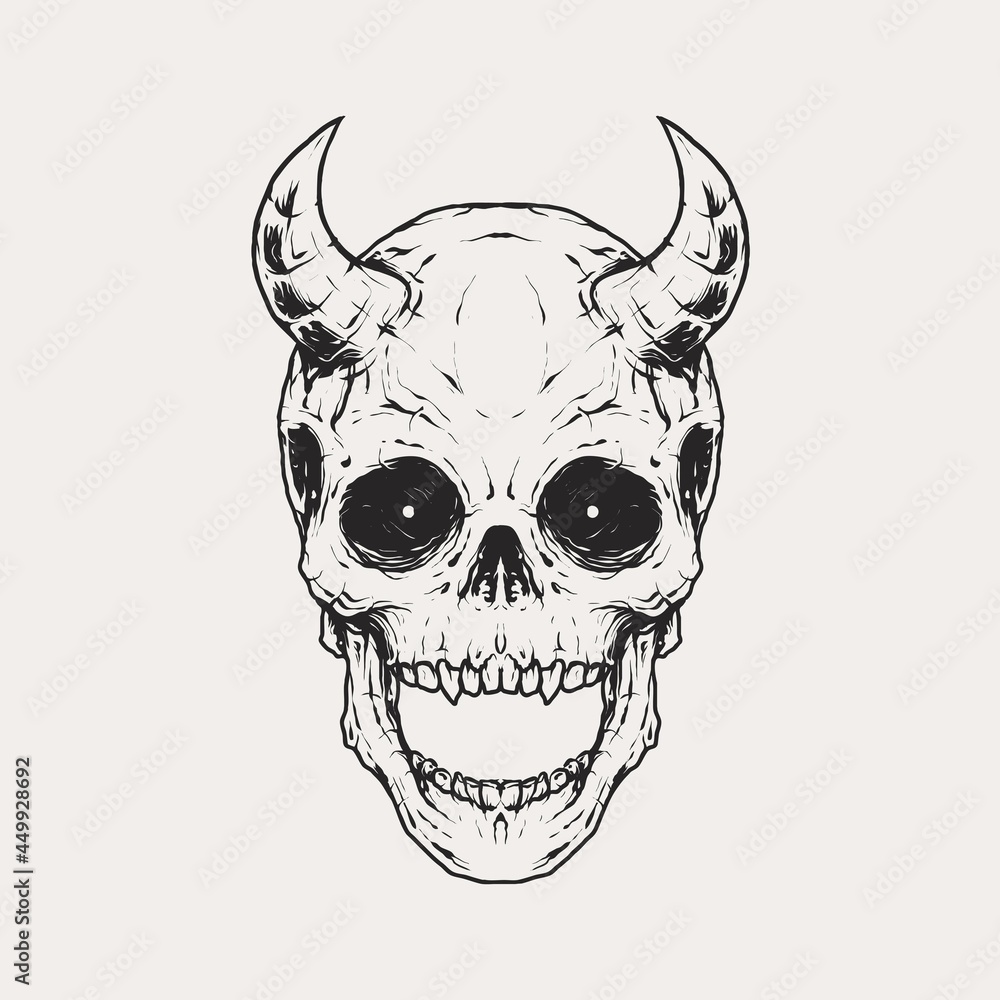 Fototapeta premium Vintage monochrome skull with devil horn in forehead illustration