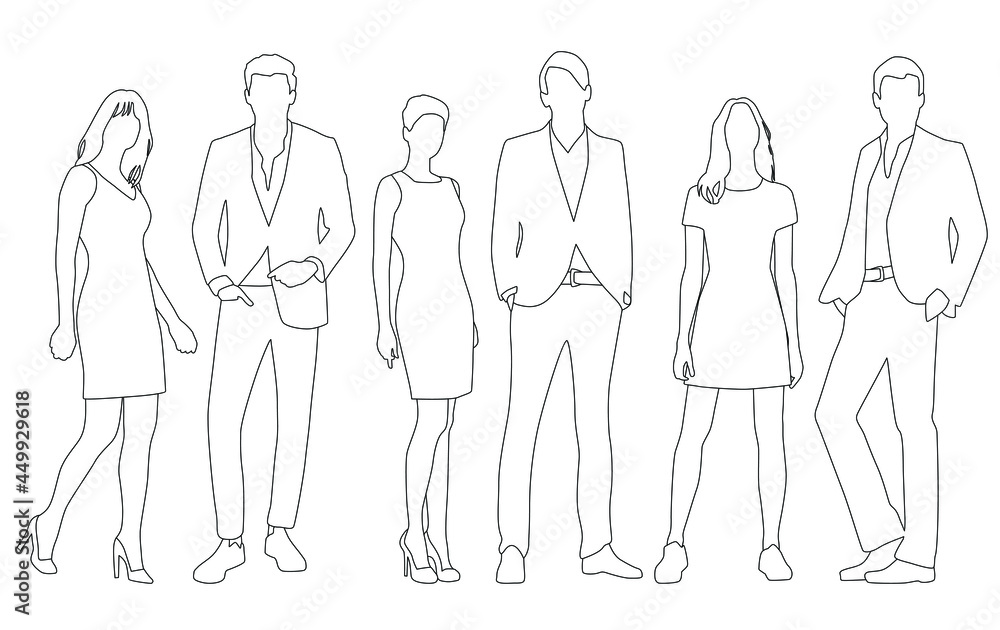 Vector silhouettes of men and a women, a group of standing business people, linear sketch, black and white color isolated on white background Vector silhouettes of men and a women, a group of standing business people, linear sketch, black and white color isolated on white background