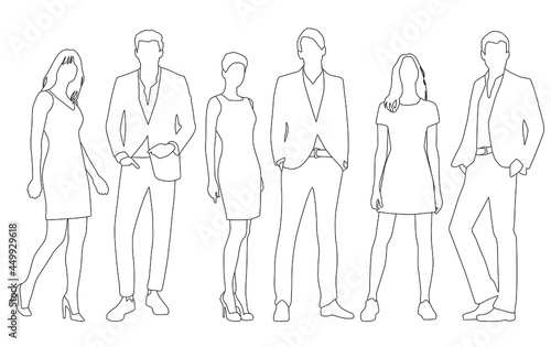Vector silhouettes of men and a women, a group of standing business people, linear sketch, black and white color isolated on white background