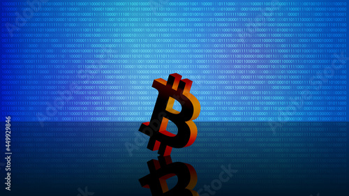 Bitcoin BTC token symbol on mirror floor on blue digital background with copy space. For news on website. Vector illustration.