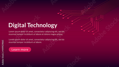 Digital technology template with copy space and button for websites, news or articles. PCB circuit board design element for banner on red background.