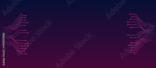 Social media header template with diverging PCB tracks left and right, copy space on dark gradient. Social cover or banner in techno style.